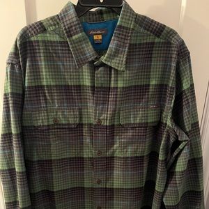Long sleeve green and black plaid shirt